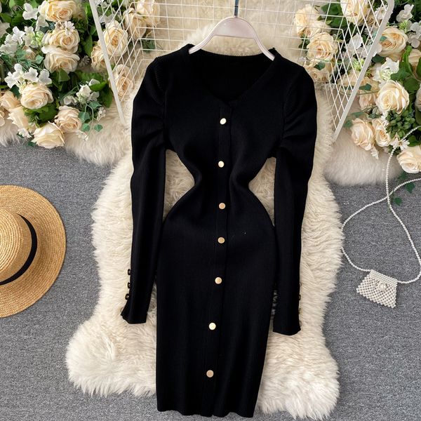 2021 new elastic female mesh design neck puff solid pencil thin autumn dress in short sweater 0apj, Black;gray